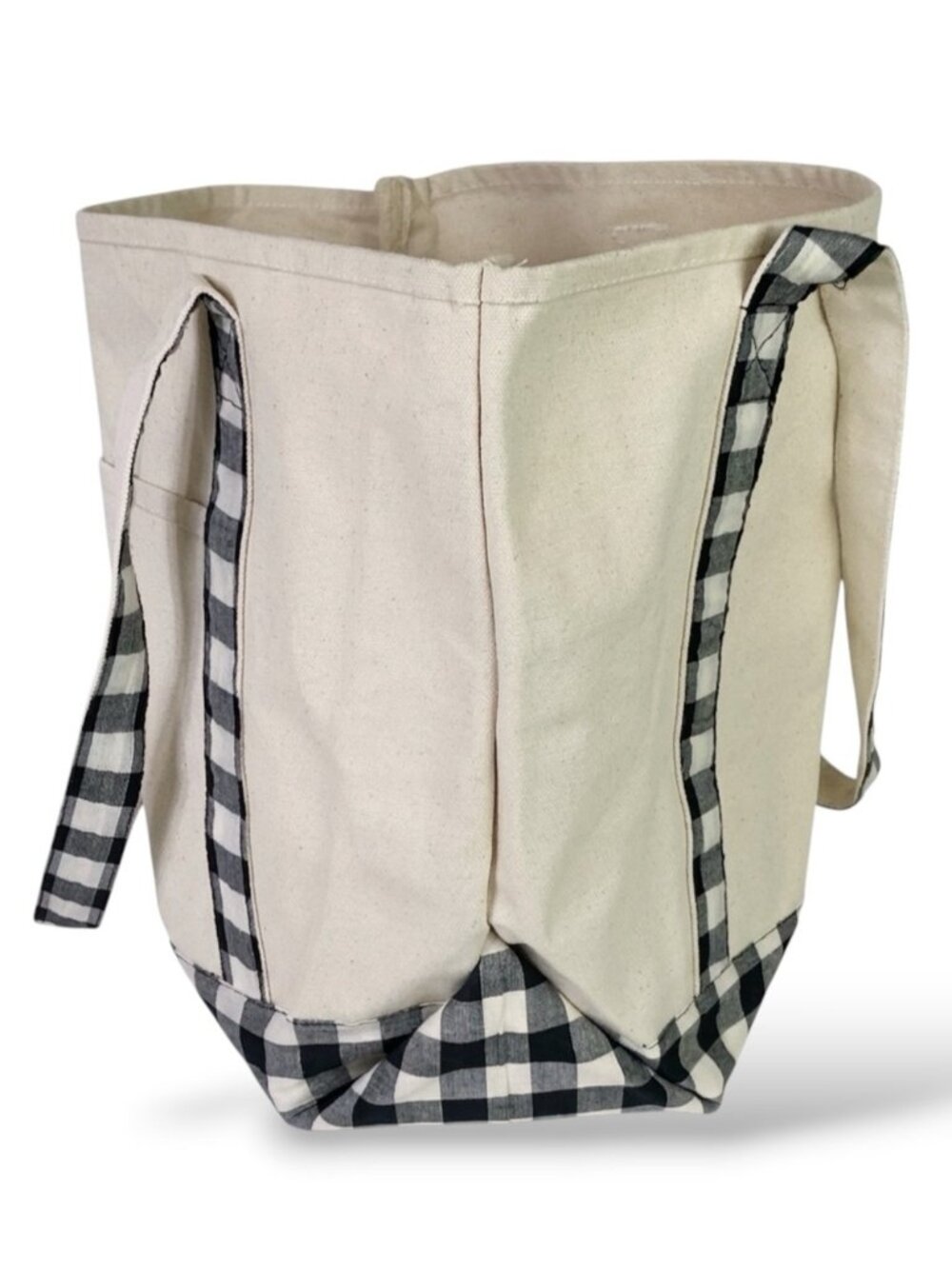 Large Tote Heavyweight Canvas Black White Neutral Tan Gingham Buffalo Plaid - Picture 3 of 16
